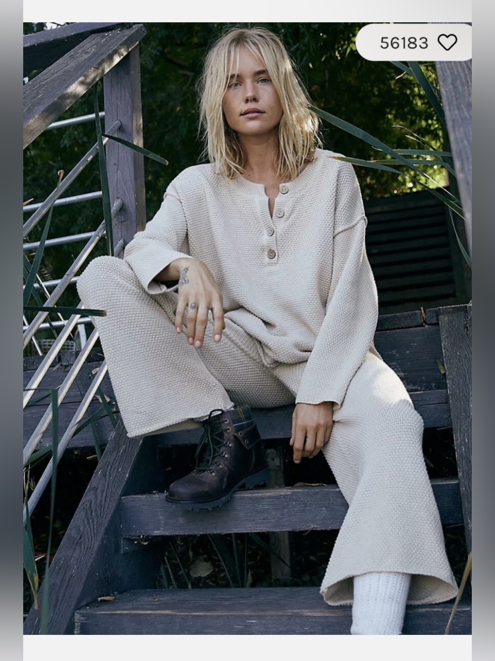 Free People Hailee Knit Cream Tan Waffle Knit Henley Sweater Set M - Picture 9 of 16